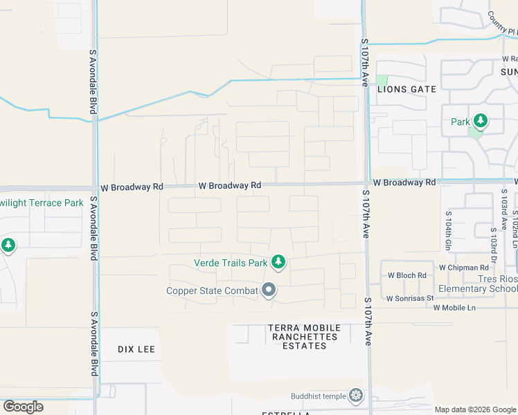 map of restaurants, bars, coffee shops, grocery stores, and more near 10701-10975 West Broadway Road in Tolleson
