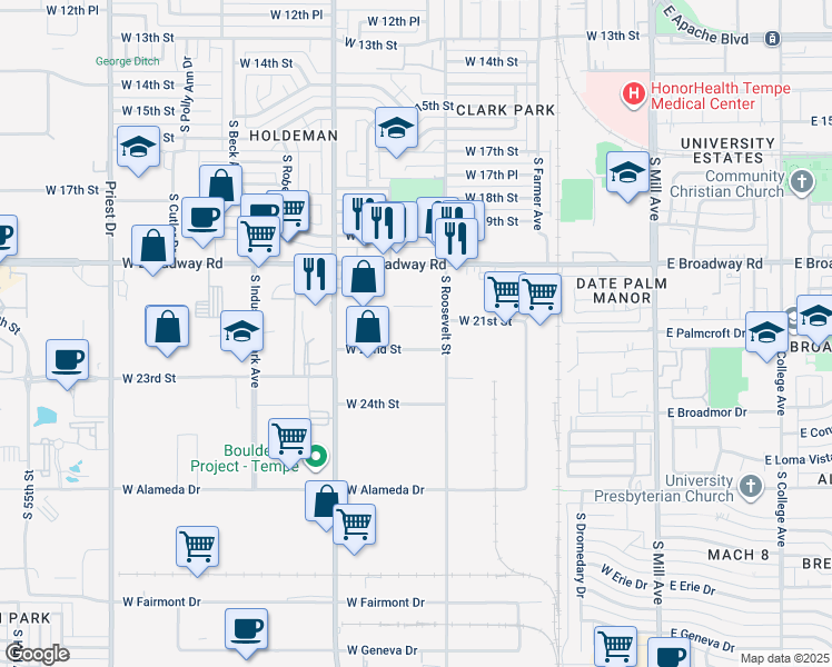 map of restaurants, bars, coffee shops, grocery stores, and more near 708 West 22nd Street in Tempe