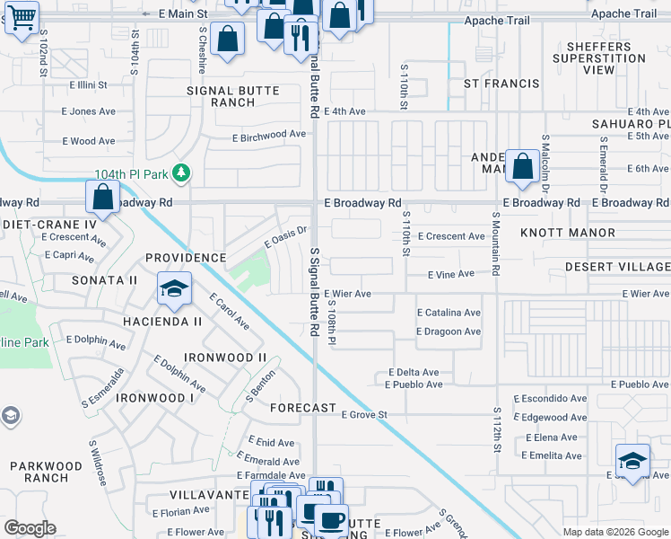 map of restaurants, bars, coffee shops, grocery stores, and more near 10830 East Carol Avenue in Mesa