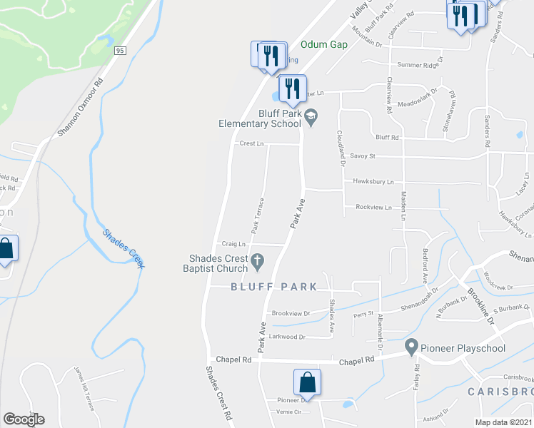map of restaurants, bars, coffee shops, grocery stores, and more near 517 Park Terrace in Birmingham