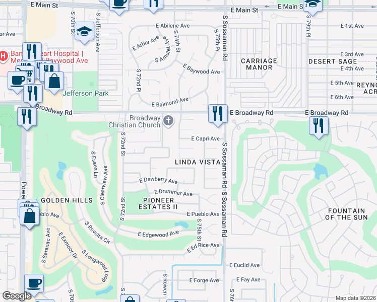 map of restaurants, bars, coffee shops, grocery stores, and more near 7443 East Carol Circle in Mesa