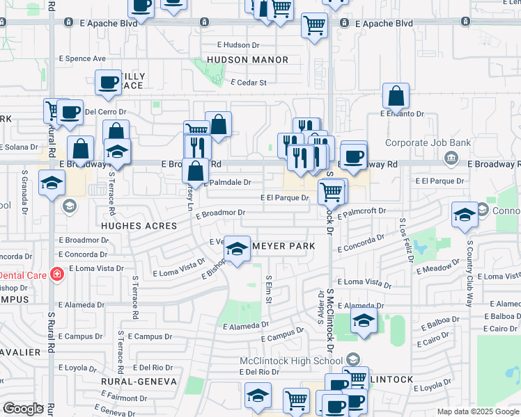 map of restaurants, bars, coffee shops, grocery stores, and more near 1530 East Broadmor Drive in Tempe