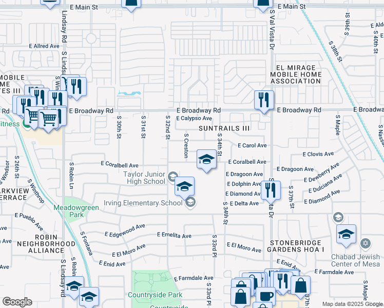 map of restaurants, bars, coffee shops, grocery stores, and more near 3253 East Carmel Avenue in Mesa
