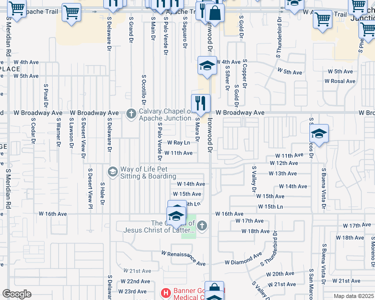 map of restaurants, bars, coffee shops, grocery stores, and more near 1776 West 11th Avenue in Apache Junction
