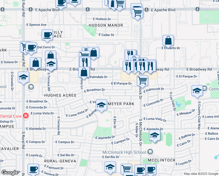 map of restaurants, bars, coffee shops, grocery stores, and more near 1530 East Broadmor Drive in Tempe