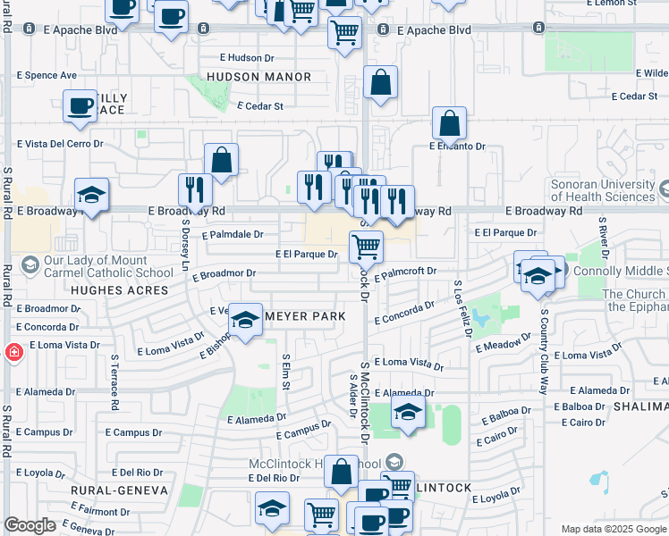 map of restaurants, bars, coffee shops, grocery stores, and more near 1722 East Broadmor Drive in Tempe