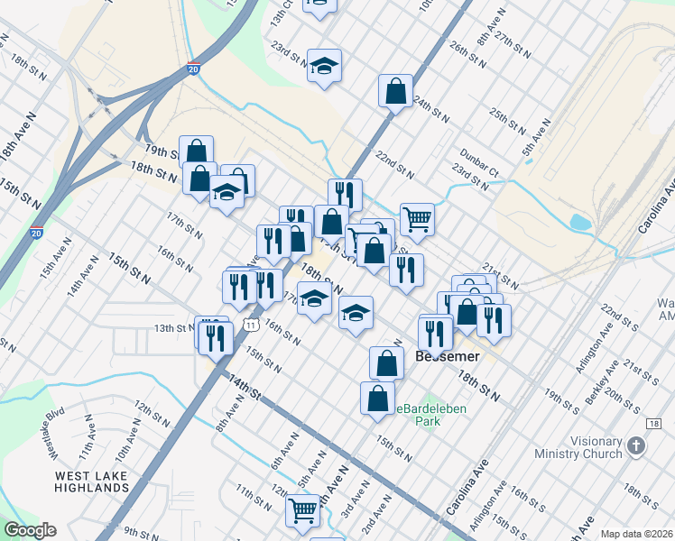 map of restaurants, bars, coffee shops, grocery stores, and more near 1815 8th Avenue North in Bessemer