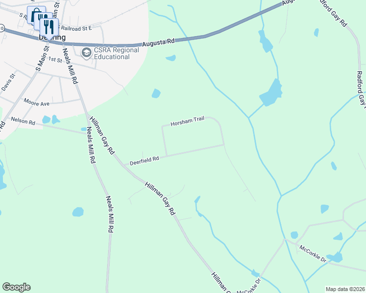 map of restaurants, bars, coffee shops, grocery stores, and more near 3453 Deerfield Road in Dearing