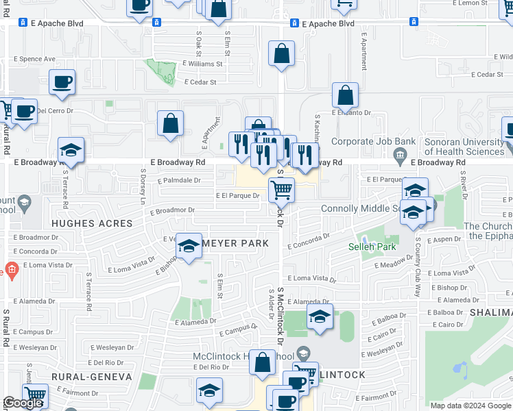 map of restaurants, bars, coffee shops, grocery stores, and more near 1722 East Broadmor Drive in Tempe