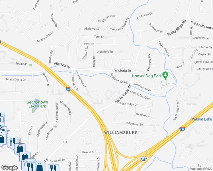 map of restaurants, bars, coffee shops, grocery stores, and more near 2278 Rocky Ridge Road in Birmingham