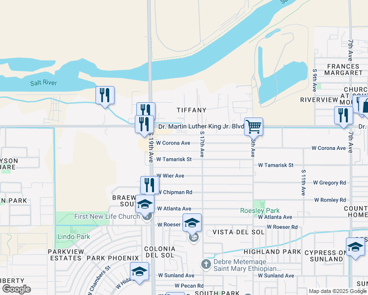 map of restaurants, bars, coffee shops, grocery stores, and more near 1737 West Corona Avenue in Phoenix