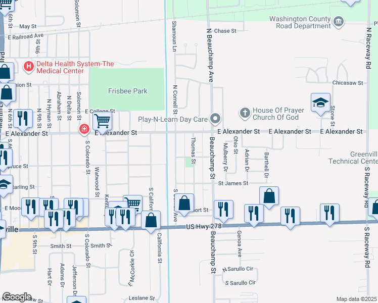 map of restaurants, bars, coffee shops, grocery stores, and more near 247 Thomas Street in Greenville