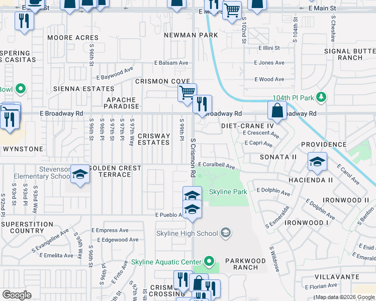 map of restaurants, bars, coffee shops, grocery stores, and more near 526 South 99th Place in Mesa