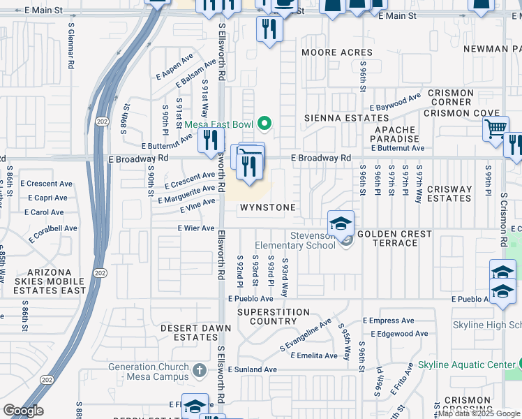 map of restaurants, bars, coffee shops, grocery stores, and more near 9312 East Carmel Avenue in Mesa