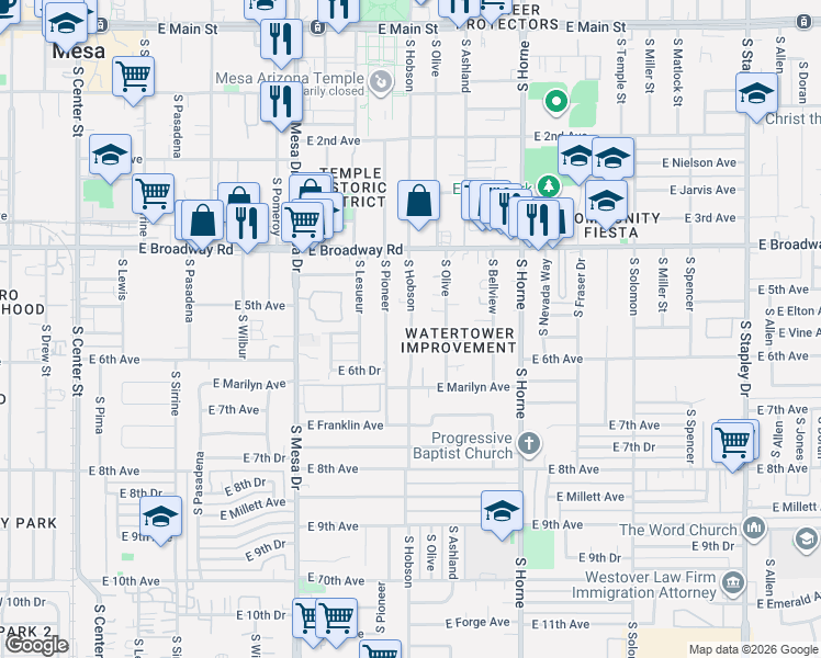 map of restaurants, bars, coffee shops, grocery stores, and more near 535 South Pioneer in Mesa