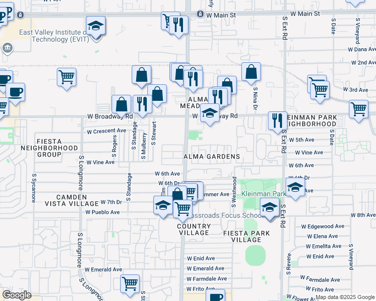 map of restaurants, bars, coffee shops, grocery stores, and more near 185 South Alma School Road in Mesa