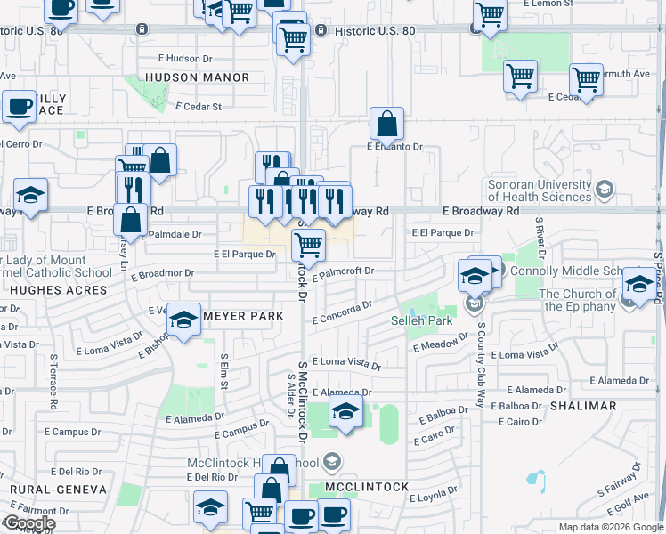 map of restaurants, bars, coffee shops, grocery stores, and more near 1825 East Palmcroft Drive in Tempe