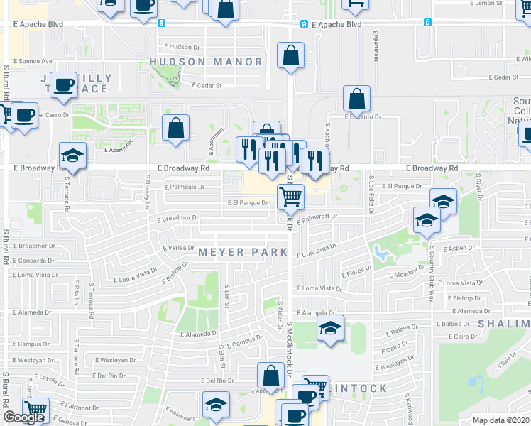 map of restaurants, bars, coffee shops, grocery stores, and more near 1722 East Broadmor Drive in Tempe