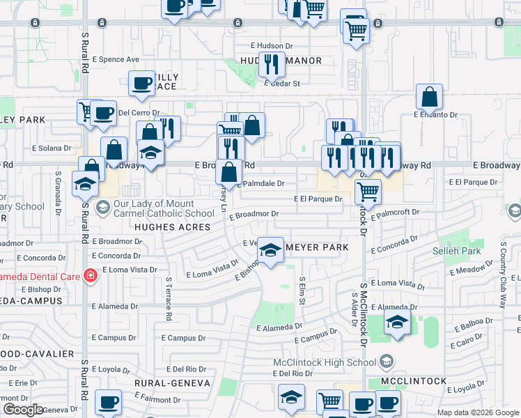 map of restaurants, bars, coffee shops, grocery stores, and more near 1418 East Broadmor Drive in Tempe