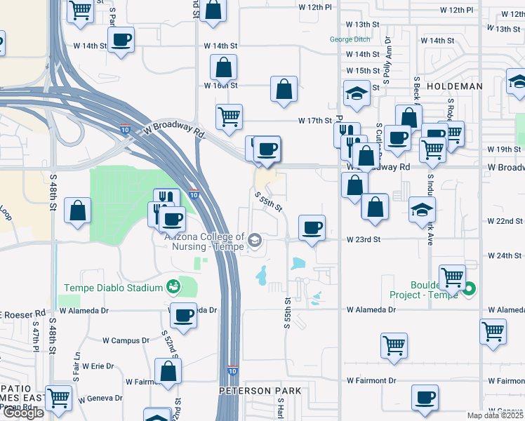 map of restaurants, bars, coffee shops, grocery stores, and more near 2155 South 55th Street in Tempe