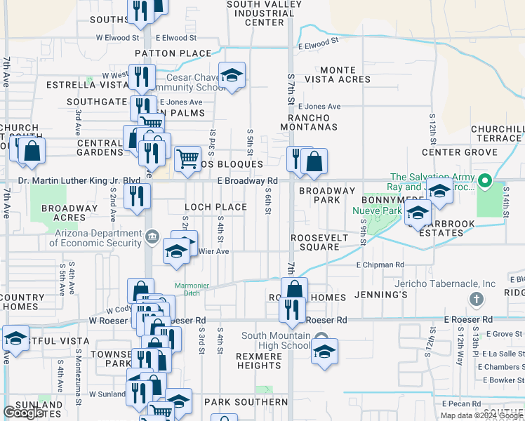 map of restaurants, bars, coffee shops, grocery stores, and more near 4442 South 6th Street in Phoenix
