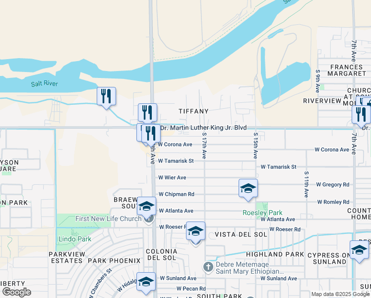 map of restaurants, bars, coffee shops, grocery stores, and more near 1737 West Corona Avenue in Phoenix