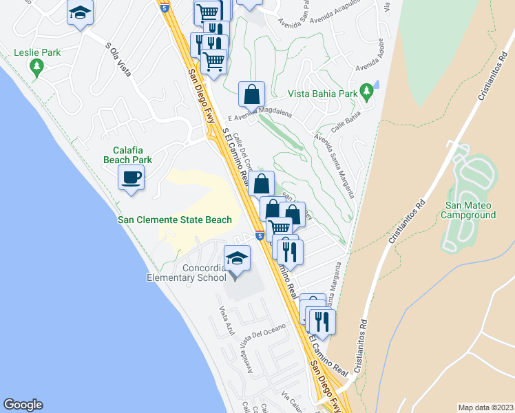 map of restaurants, bars, coffee shops, grocery stores, and more near 101 Avenida Santa Inez in San Clemente