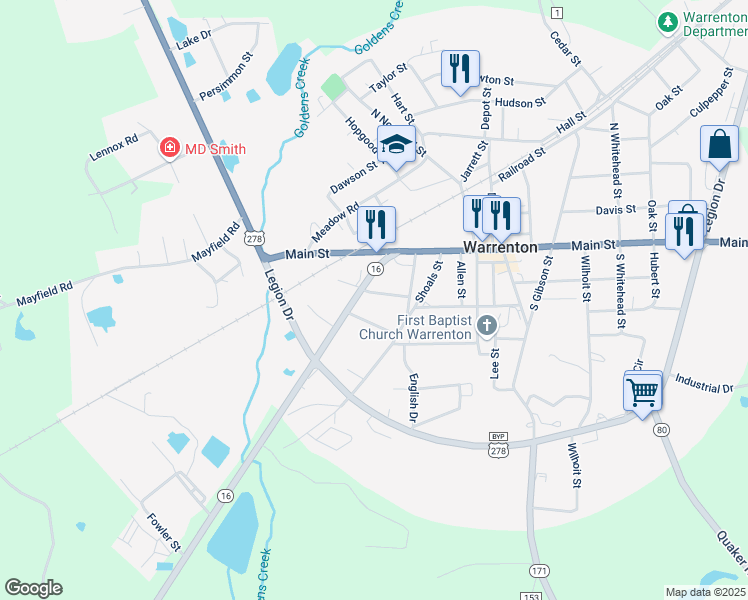 map of restaurants, bars, coffee shops, grocery stores, and more near 157 Macon Highway in Warrenton