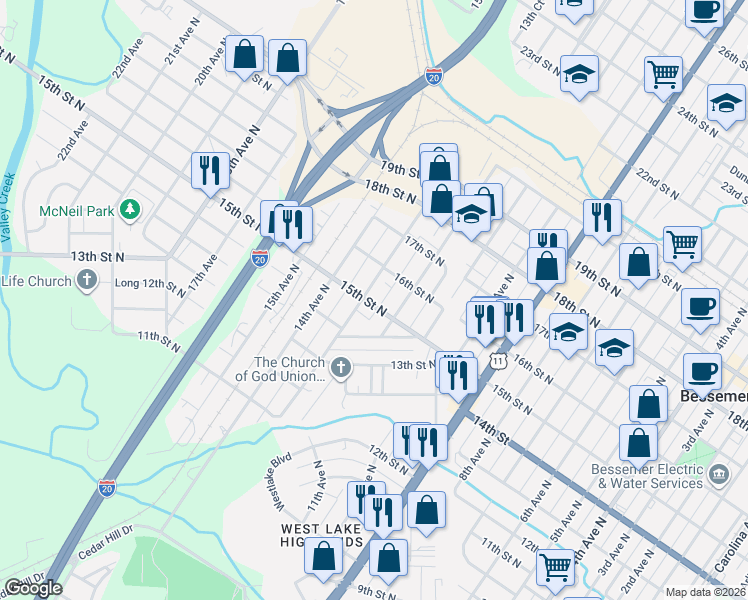 map of restaurants, bars, coffee shops, grocery stores, and more near 1504 12th Avenue North in Bessemer