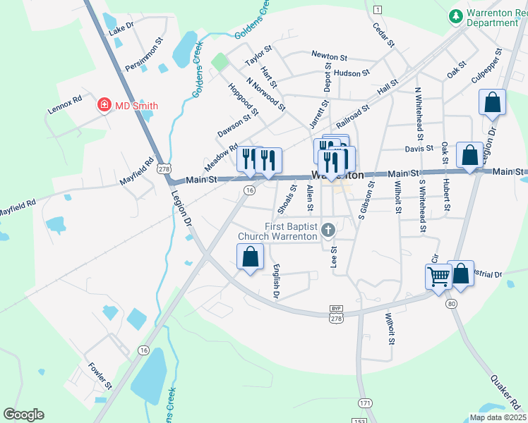 map of restaurants, bars, coffee shops, grocery stores, and more near 86 Brinkley Street in Warrenton