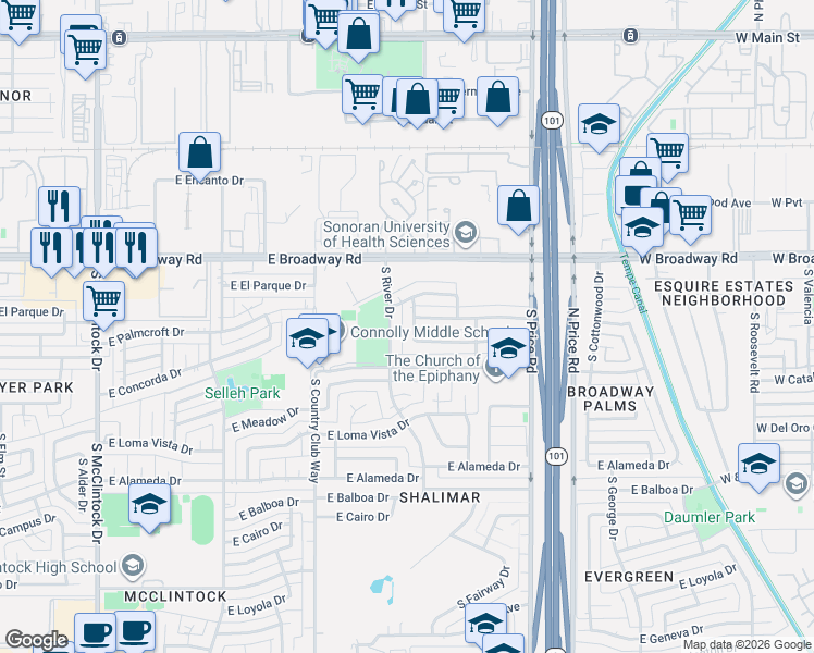 map of restaurants, bars, coffee shops, grocery stores, and more near 2214 South Shannon Drive in Tempe