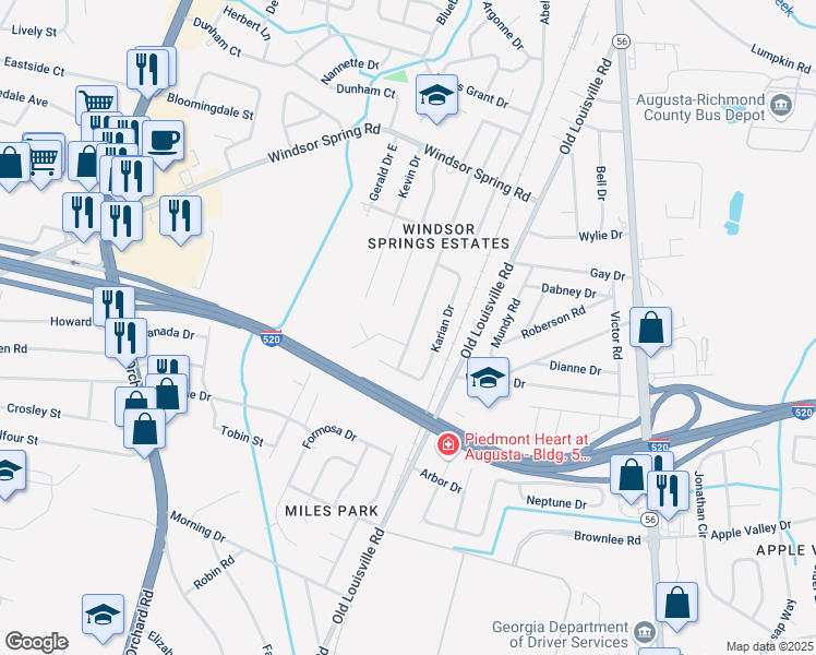 map of restaurants, bars, coffee shops, grocery stores, and more near 1803 Cheryl Drive in Augusta
