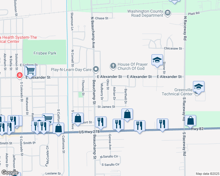 map of restaurants, bars, coffee shops, grocery stores, and more near 251 Adrian Drive in Greenville