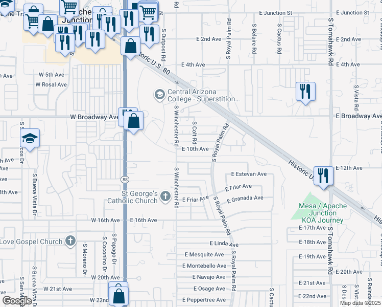 map of restaurants, bars, coffee shops, grocery stores, and more near 507 East 10th Avenue in Apache Junction