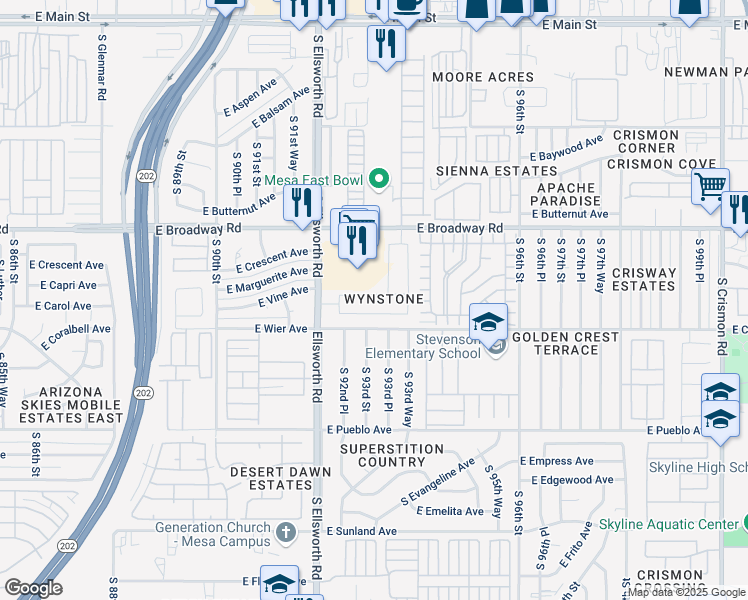 map of restaurants, bars, coffee shops, grocery stores, and more near 9312 East Carmel Avenue in Mesa