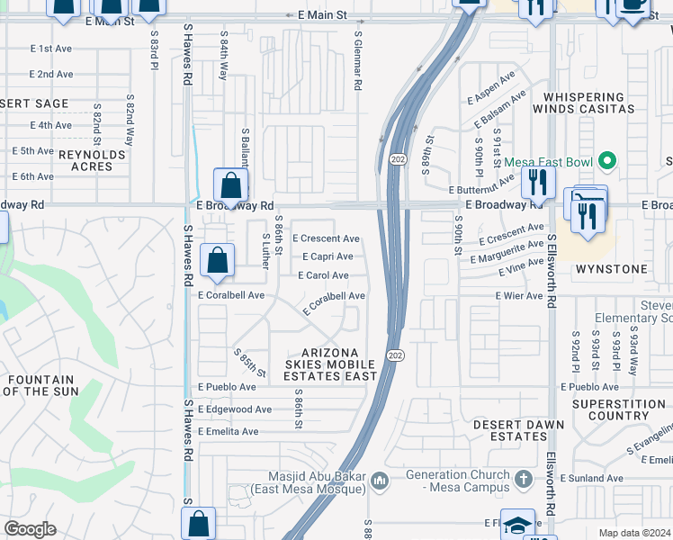 map of restaurants, bars, coffee shops, grocery stores, and more near 8718 East Carol Avenue in Mesa