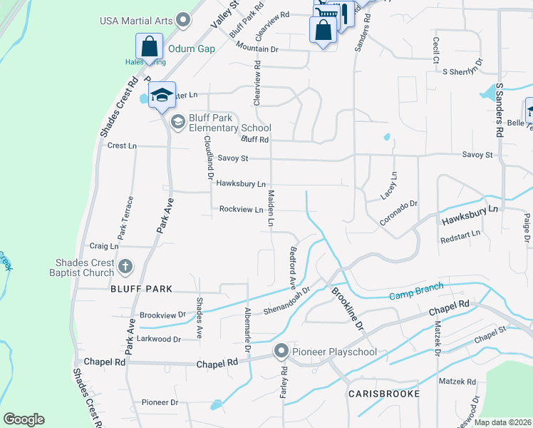 map of restaurants, bars, coffee shops, grocery stores, and more near 2244 Rockview Lane in Birmingham