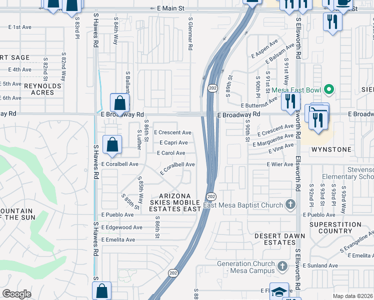 map of restaurants, bars, coffee shops, grocery stores, and more near 8751 East Carol Avenue in Mesa