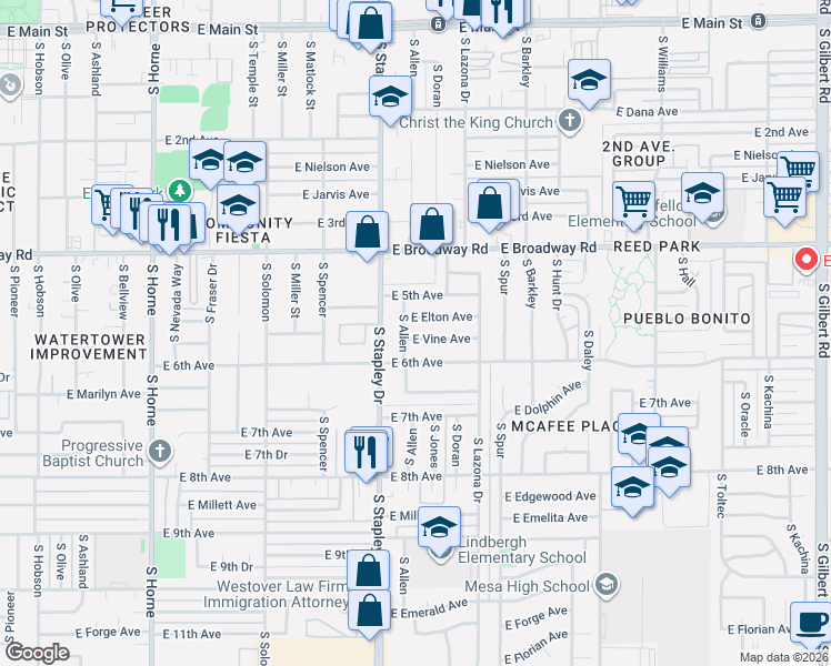 map of restaurants, bars, coffee shops, grocery stores, and more near 1237 East Vine Avenue in Mesa