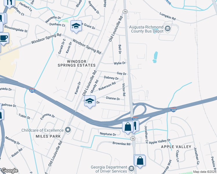 map of restaurants, bars, coffee shops, grocery stores, and more near 1924 Roberson Road in Augusta