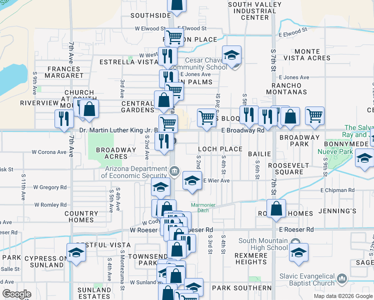 map of restaurants, bars, coffee shops, grocery stores, and more near 4501 South Central Avenue in Phoenix