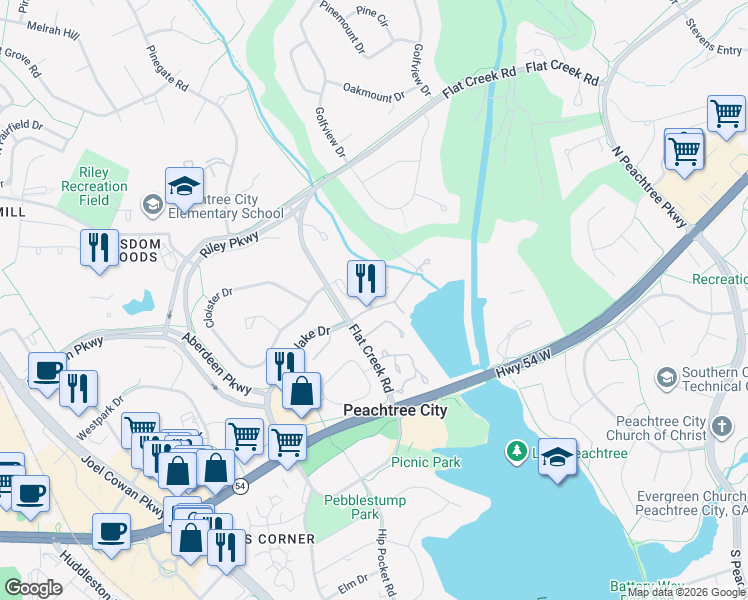 map of restaurants, bars, coffee shops, grocery stores, and more near 1 Northlake Circle in Peachtree City