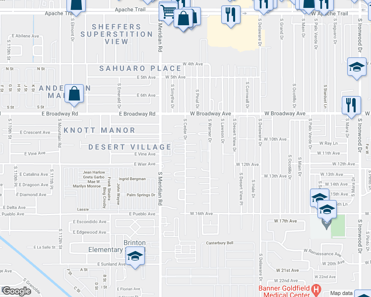 map of restaurants, bars, coffee shops, grocery stores, and more near South Cedar Drive in Apache Junction