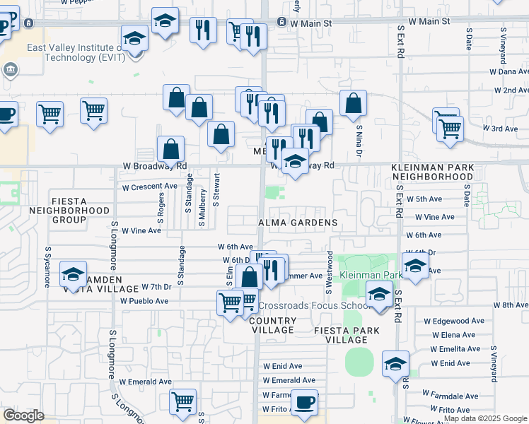 map of restaurants, bars, coffee shops, grocery stores, and more near 185 South Alma School Road in Mesa