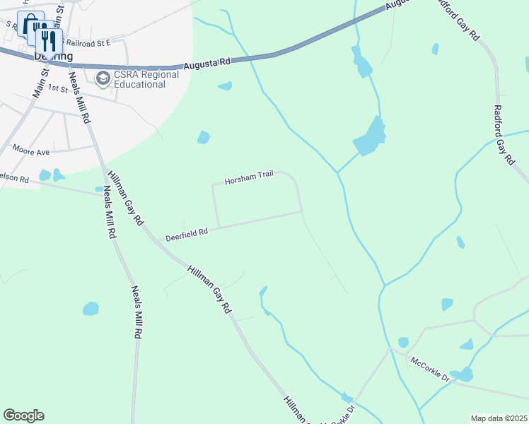 map of restaurants, bars, coffee shops, grocery stores, and more near 3497 Deerfield Road in Dearing