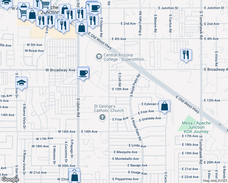 map of restaurants, bars, coffee shops, grocery stores, and more near 465 East 10th Avenue in Apache Junction