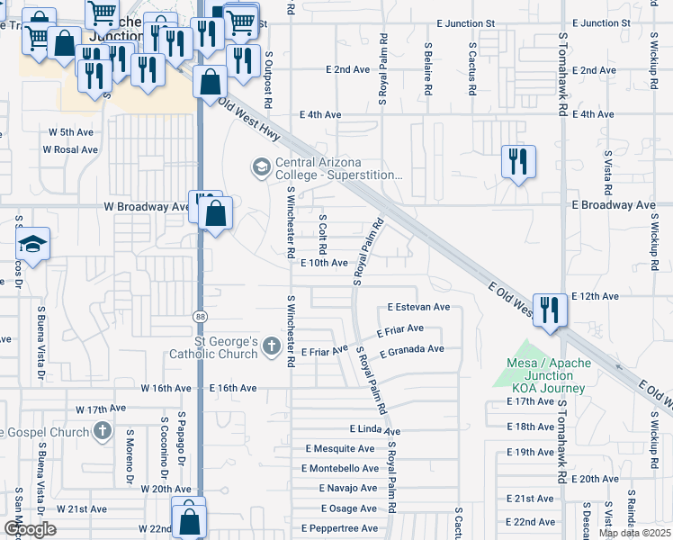 map of restaurants, bars, coffee shops, grocery stores, and more near 542 East Desert Avenue in Apache Junction