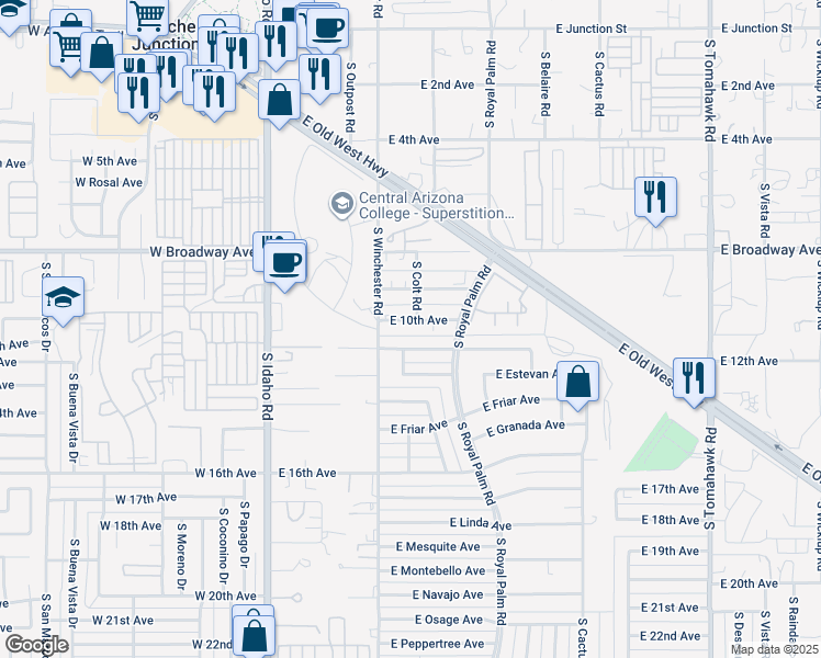map of restaurants, bars, coffee shops, grocery stores, and more near 542 East Desert Avenue in Apache Junction