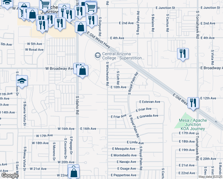 map of restaurants, bars, coffee shops, grocery stores, and more near 420 East Desert Avenue in Apache Junction