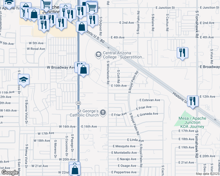 map of restaurants, bars, coffee shops, grocery stores, and more near 420 East Desert Avenue in Apache Junction